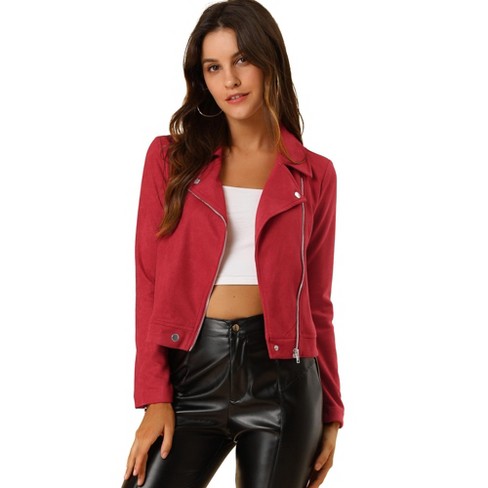 Allegra K Women's Convertible Collar Zip Up Soft Suede Biker Moto Jacket Red : Target
