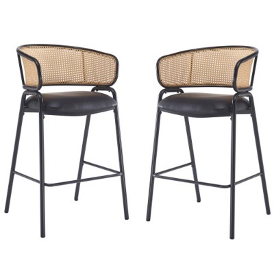 29.5" Modern Faux Leather Counter Stool Set of 2 with Rattan Backrest, Indoor Kitchen Seating for Kitchen Island or Home Bar–The Pop Home