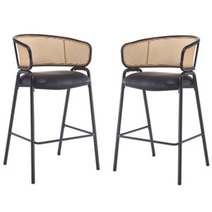 29.5" Modern Faux Leather Counter Stool Set of 2 with Rattan Backrest, Indoor Kitchen Seating for Kitchen Island or Home Bar-The Pop Home - 1 of 4