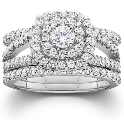 Pompeii3 1 1/4ct Diamond Engagement Cushion Halo Wedding Ring Trio Set 10K White Gold