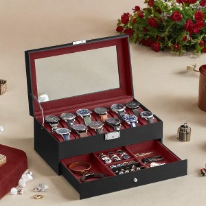 Elegant 12-Slot Watch Box, Lockable Case with Glass Lid, 2 Layers, 1 Drawer for Rings, Bracelets - Gift Idea in Synthetic Leather - 1 of 4