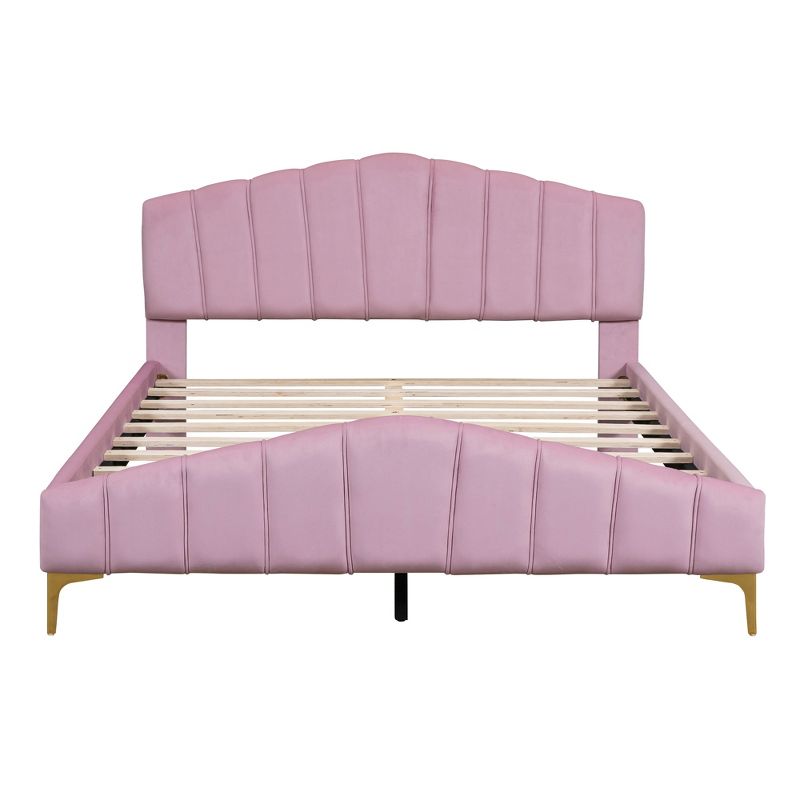 Queen Size Velvet Platform Bed with Stylish Stripe Decorated Bedboard and Elegant Metal Leg - ModernLuxe, 5 of 13