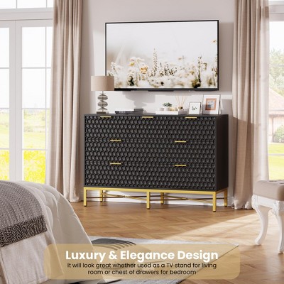 White 7-Drawer Dresser with Honeycomb Panels and Gold Metal Frame