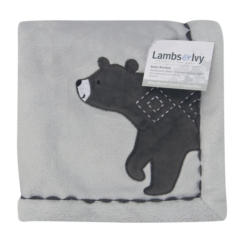 Lambs & Ivy Woodland Forest Gray Fleece Bear Nursery Baby Blanket, 2 of 6