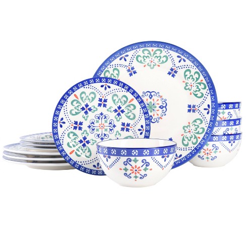 Laurie Gates 12pc Tierra Star Hand Painted Stoneware Dinnerware Set Blue white Mosaic Design Dishwasher Microwave Safe Target