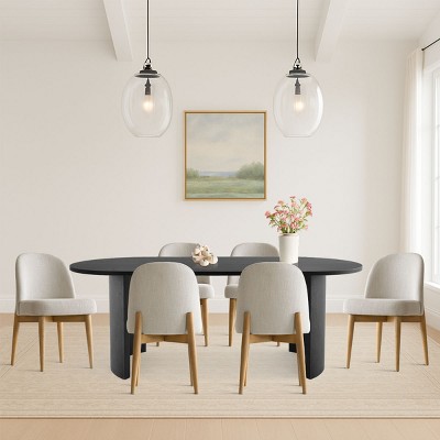 7-Piece Oval Dining Table Set, Modern Wood Table in Black or Oak with 6 Upholstered Chairs, Solid Wood Legs-Maison Boucle