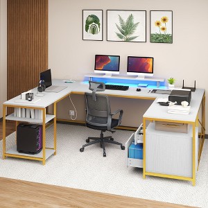 U Shaped Desk With Power Outlets & LED Lights Desk With Drawers Corner Computer Desk Office Desk With Monitor Stand & Storage Shelves White - 1 of 4