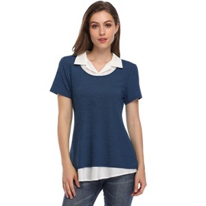 YESFASHION Women's Short Sleeve Contrast Collared Shirts Patchwork Work Blouse Tunics Tops - 1 of 4