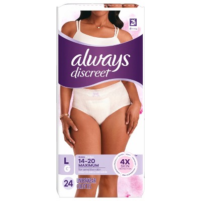 Always Discreet for Sensitive Skin Underwear, Four Times Skin Protection, Dermatologically Tested, Fragrance-Free, Maximum Absorbency, 24 CT L