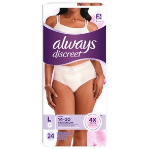 Always Discreet for Sensitive Skin Underwear, Four Times Skin Protection, Dermatologically Tested, Fragrance-Free, Maximum Absorbency, 24 CT L - 1 of 4