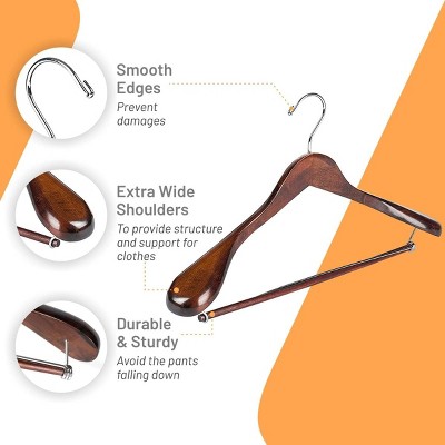 DEILSY Dark Brown Wide Shoulder Wooden Hangers with Non-Slip Pants Bar (6 Pack)