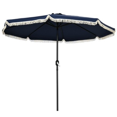 CAVINAS 9 FT Outdoor Umbrella with Fringe Design, Crank Lift Shade Beach Chair Umbrella for Swimming Pools, Cafes, No Base Included, Dark Blue
