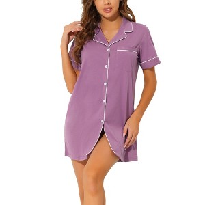 cheibear Women's Notched Collar Button Down Pajama Shirt Dress with Pocket - 1 of 4