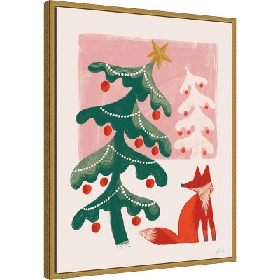 Retro Holiday Fox and Christmas Tree Framed Canvas Art