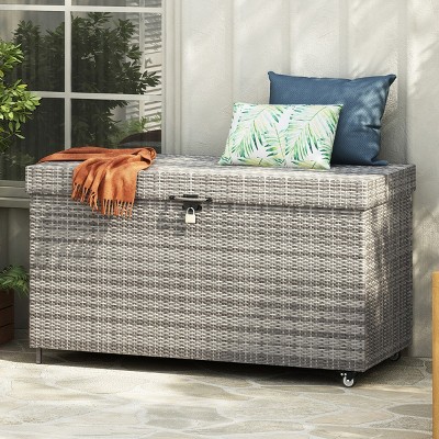 Coolbibila-200 Gallon Wicker Deck Box With Wheels, All-Weather Outdoor Storage Box, Rattan Storage Bin For Patio Furniture, Pool Storage