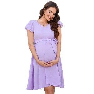 Maternity Swiss Dot Dress Summer V Neck Casual Short Sleeve Flowy Midi Dress Belt Photoshoot Baby Shower - 1 of 4