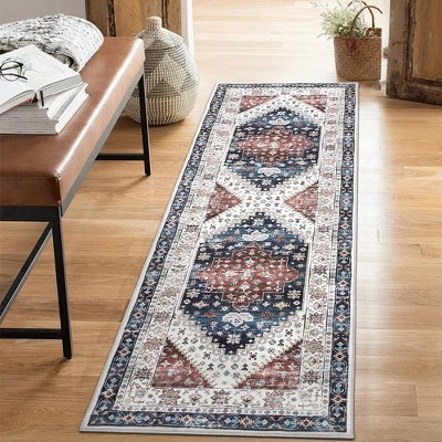 Vintage Floral Medallion Area Rug Boho Rug Distressed Throw Carpet, Non-Slip Stain Resistant