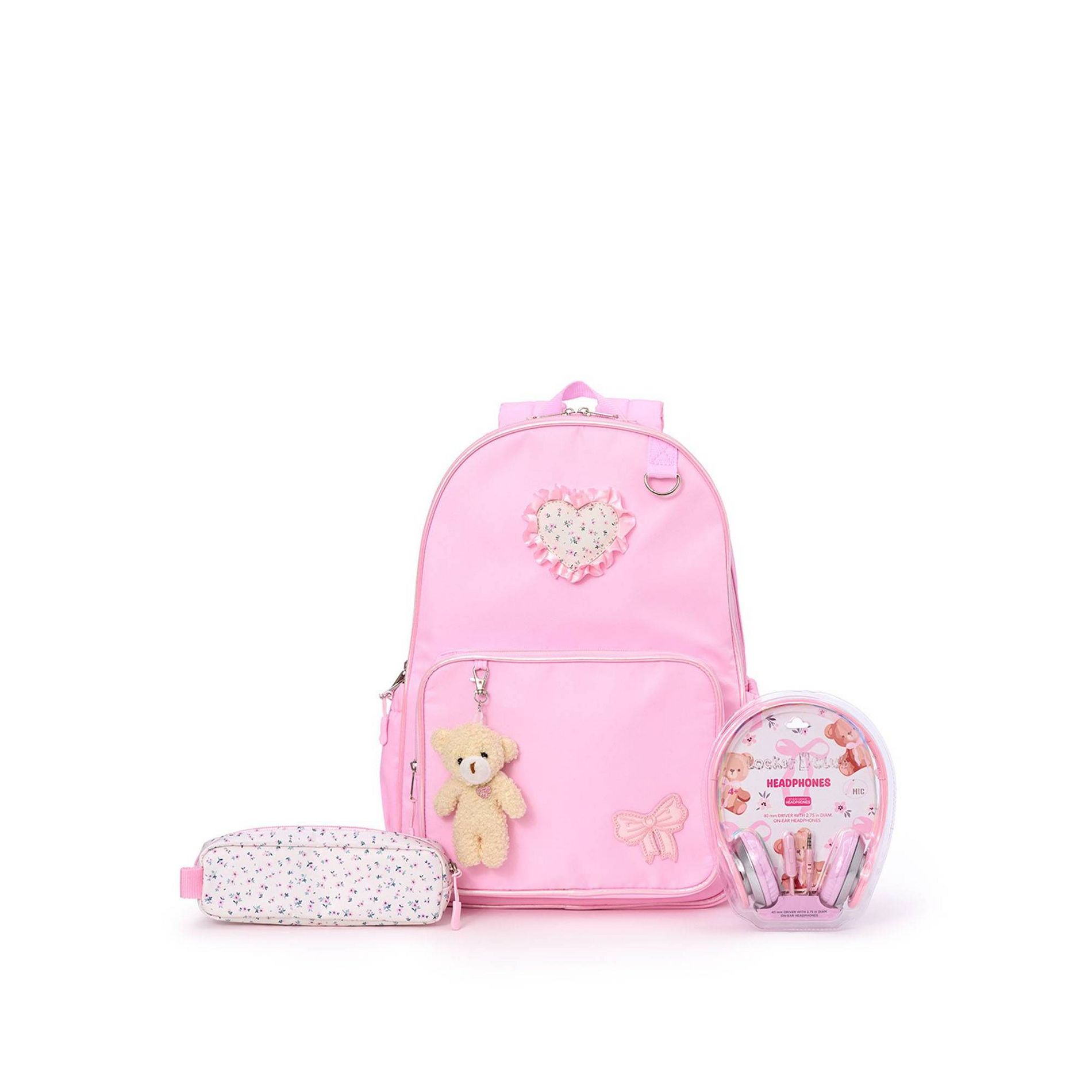 Locker Club Elevated Backpack Set with Pencil Case and Headphones - Pink Patches