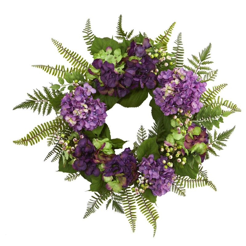 24&#34; Artificial Hydrangea &#38; Berry Wreath Purple - Nearly Natural, 1 of 5