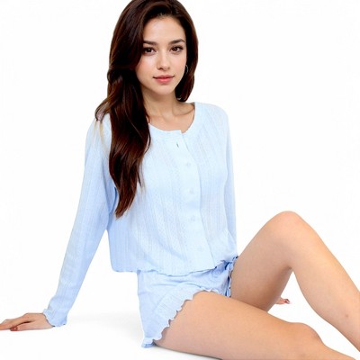 Anna-Kaci Lounge Women's Pink Ribbed Knit Lounge Set with Button-Up Cardigan, Bralette, and High Waist Shorts- Blue,Small