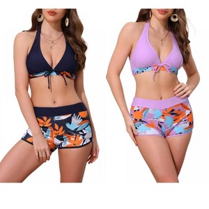 INSPIRE CHIC Women's Leaf Print Color Block Halter Top Boyshorts Bottom Swimwear Bathing Bikini Suits 2 Sets - 1 of 4