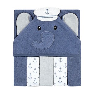 Hudson Baby Infant Boy Hooded Towel and Five Washcloths, Sailor Elephant, One Size - 1 of 2
