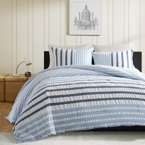 3 Pcs Elegant Subtle Stripe Print Cotton Comforter Set,All Season Seersucker Bedding Set, Cozy Home Textile fits Lux Bedroom Decor,Blue,King - 1 of 4
