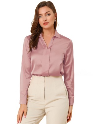 INSPIRE CHIC Women's Elegant V Neck Long Sleeve Office Work Satin Shirt