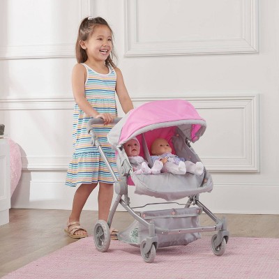 Voyage Twin Carriage Doll Stroller with Gray and Pink Fabric
