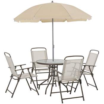 Outsunny 6 Piece Patio Dining Set for 4 with Umbrella, 4 Folding Dining Chairs & Round Glass Table for Garden, Backyard, and Poolside