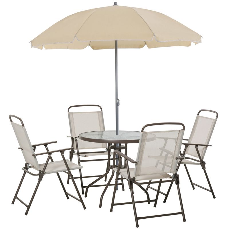 Outsunny 6 Piece Patio Dining Set for 4 with Umbrella, 4 Folding Dining Chairs & Round Glass Table for Garden, Backyard, and Poolside, 1 of 11