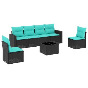vidaXL 7 Piece Patio Sofa Set with Cushions Black Poly Rattan - Black and Blue With Table - 1 of 4