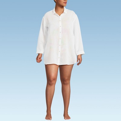 Lands' End Women's Cotton Gauze Button Down Swim Cover-up Shirt Dress