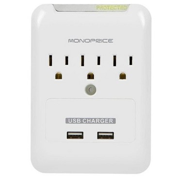 Monoprice Power & Surge - 3 Outlet Power Surge Protector Wall Tap With 2 Built In 2.1A USB Ports - White | UL Rated540 Joules With Protected Light