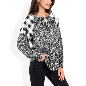 Anna-Kaci Women's Mixed Print Raglan Top with Plaid and Leopard Pattern - 1 of 3