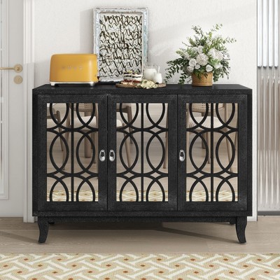Sideboard with Glass Doors, 3 Door Mirrored Buffet Cabinet with Silver Handle (Black)