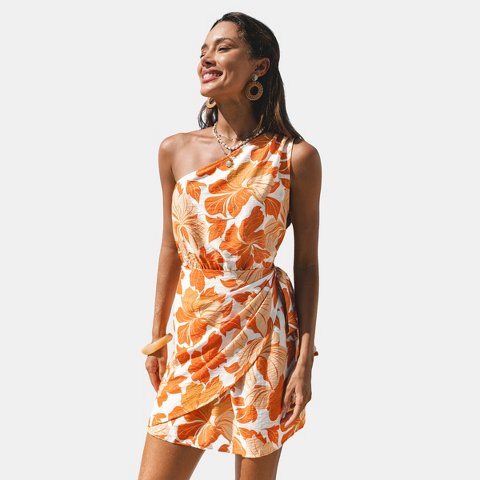 Женские платья Cupshe Women's One Shoulder Bodycon Tropical Print Beach Dress-M-Orange