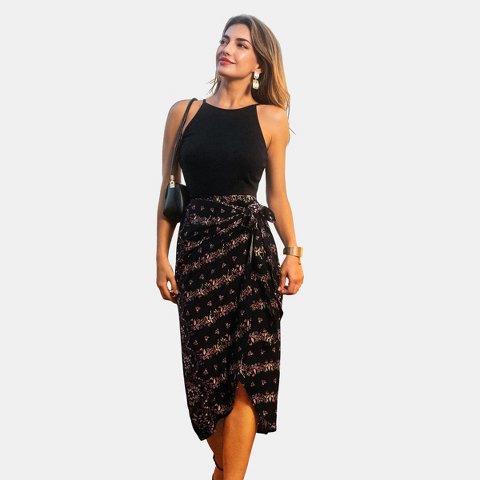 Женские платья Cupshe Women's Black Floral Print Sleeveless Midi Dress with Waist Tie - Cupshe-XL-Black