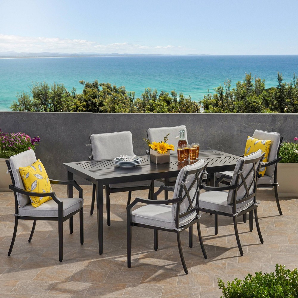 San Diego 7pc Aluminum Rectangular Dining Set Matte Black/Light Gray - Christopher Knight Home