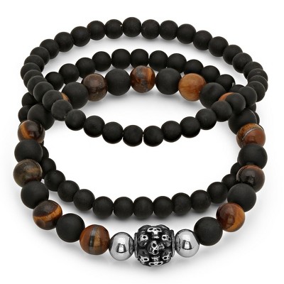 Steeltime Men's set of 3 black lava and tiger eye beaded bracelet with skull bead