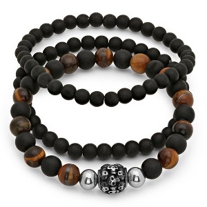 Steeltime Men's set of 3 black lava and tiger eye beaded bracelet with skull bead - 1 of 4