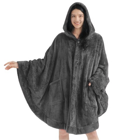 PAVILIA Fluffy Angel Wrap Hooded Blanket for Women Adult, Wearable Cozy  Wrap Throw Faux Shearling Shawl Cape, Gray/One Size