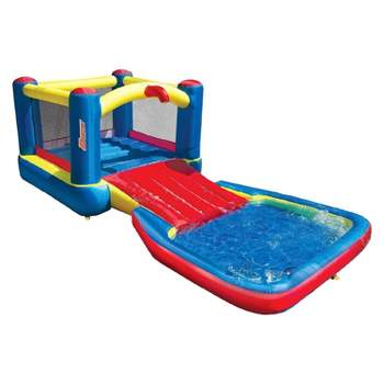 Banzai Bounce N Splash Outdoor Water Park Aquatic Activity Play Center with Slide, Grounding Stakes, Pump Included, and Portable Travel Storage Bag