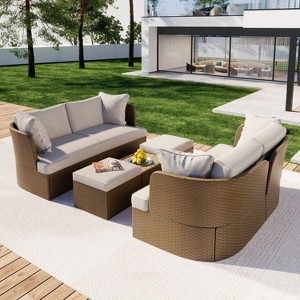 Yami 5-piece Wicker Patio Conversation Set with Cushions, Outdoor Furniture Set with Coffee Table, Loveseat Sofa and Ottoman - Maison Boucle - 1 of 4