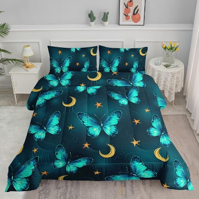 Acoinel 3 Pcs Butterfly and Water Splash Lightwight Ultra Soft Comforter Set with 2 Pillowcases, FULL, Green