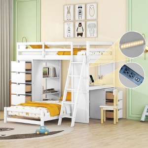 Twin Over Twin Bunk Bed with LED Lights and USB Ports, Space-Saving Kids' Loft Bed with Desk & Drawers, White/Gray - ModernLuxe - 1 of 4