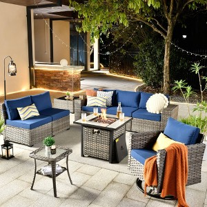 Marlton 9pc Wicker Outdoor Fire Pit Patio Furniture Set Conversation Sofa with a Swivel Chair and Cushions - 1 of 4