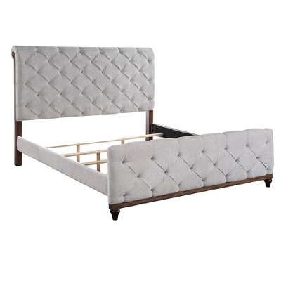 Gray Tufted Upholstered Queen Bed with Faux Leather and Wood Frame