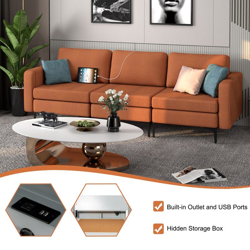 Costway Modular 3-Seat Sofa Couch w/ Socket USB Ports & Side Storage Pocket Orange\Dark Grey, 5 of 11