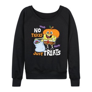 Women's - SpongeBob SquarePants - No Tricks Just Treats Lightweight French Terry Wide Neck Long Sleeve Shirt - 1 of 4